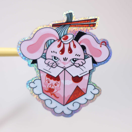 Cute holo vinyl sticker of bunny in take away container with sparkly finish