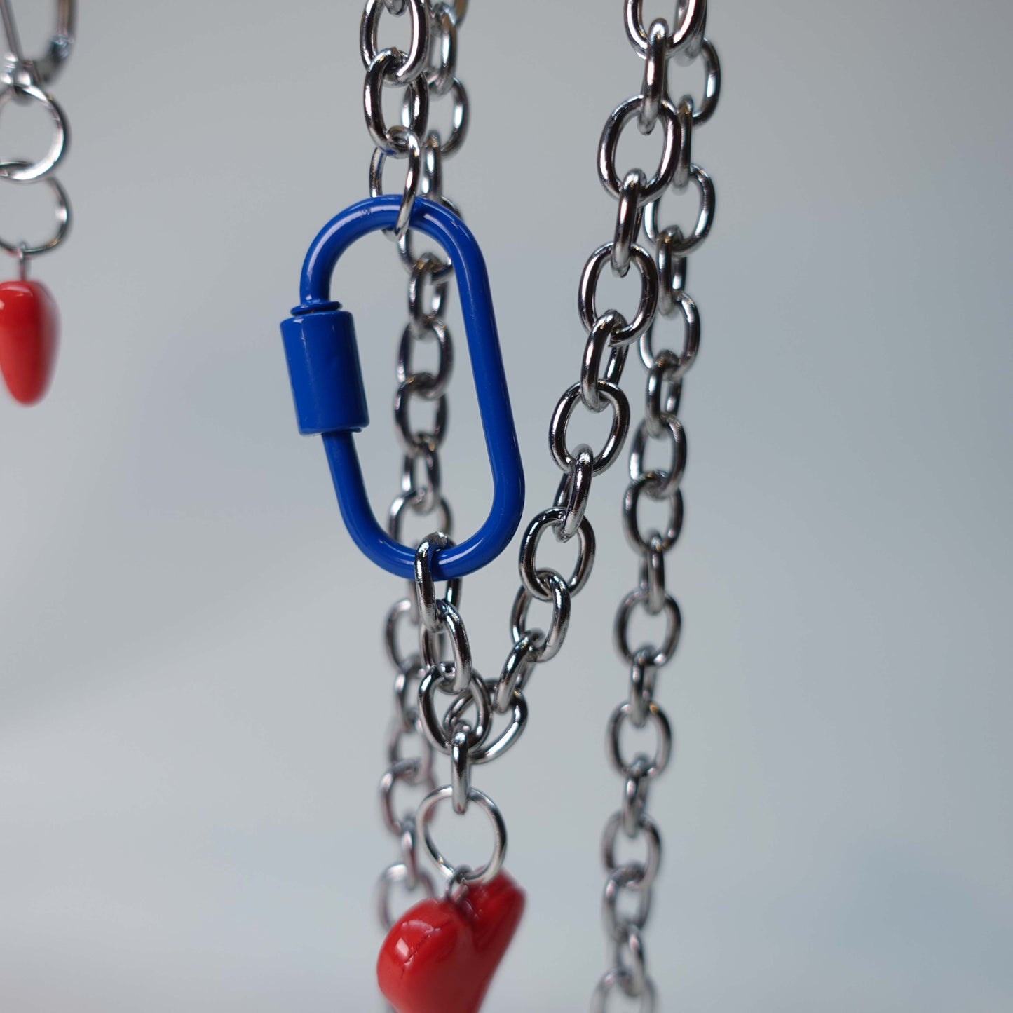 Heart-shaped earrings with matching statement necklace/choker and blue carabiner, handmade pastel jewelry set, collectible limited edition.