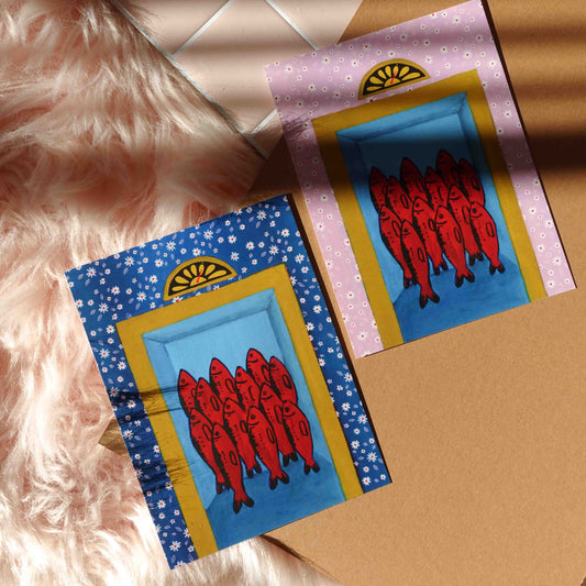Charming sardine fish print featuring vibrant colors and artistic composition, inspired by the whimsical style of Wes Anderson.