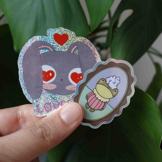 glitter and holographic kawaii bunny and frog sticker