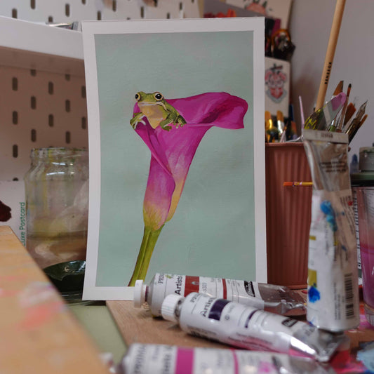 Original painting of a small frog sitting inside a blooming flower.