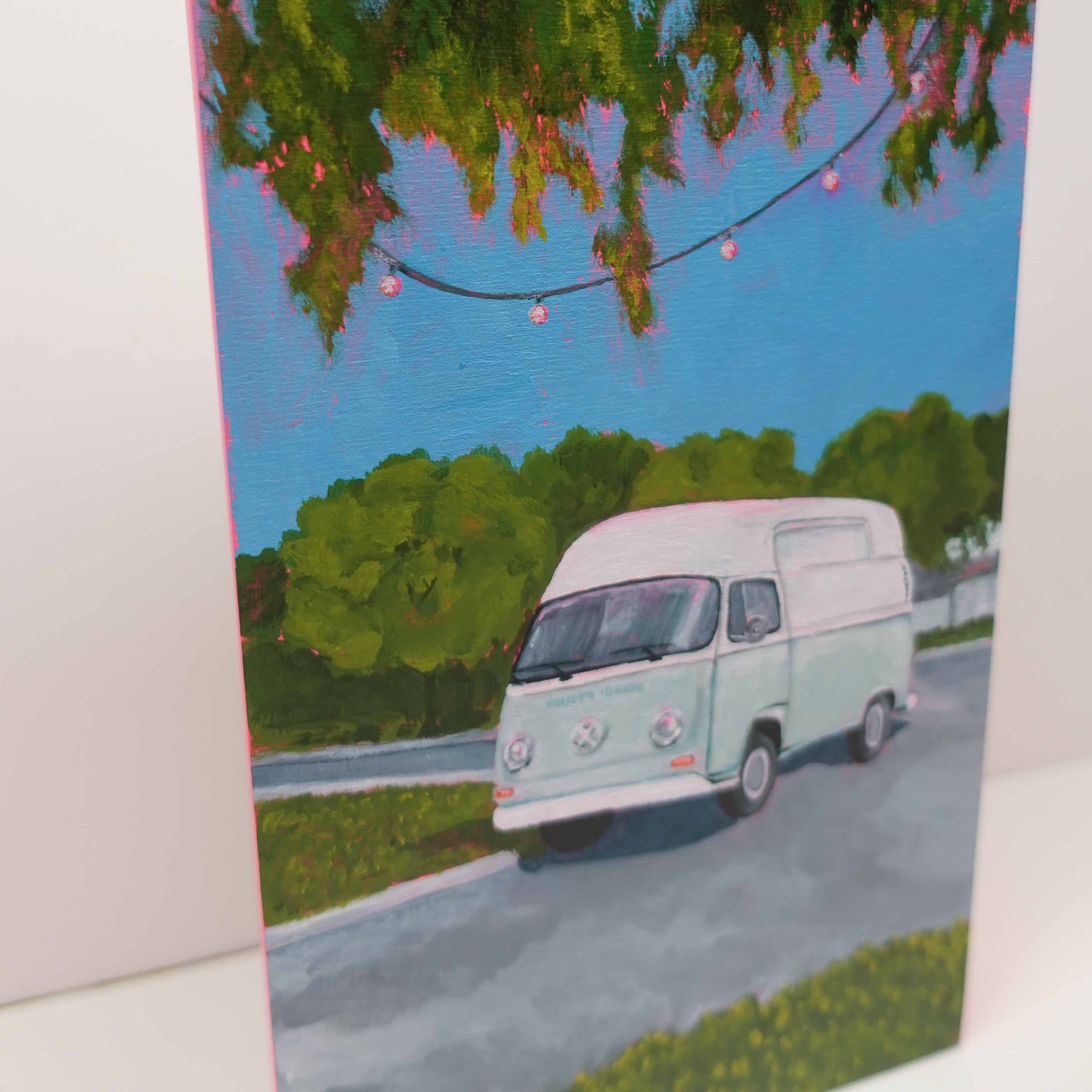 vw bulli on wooden canvas acrylic painting uncomfy cherry closeup