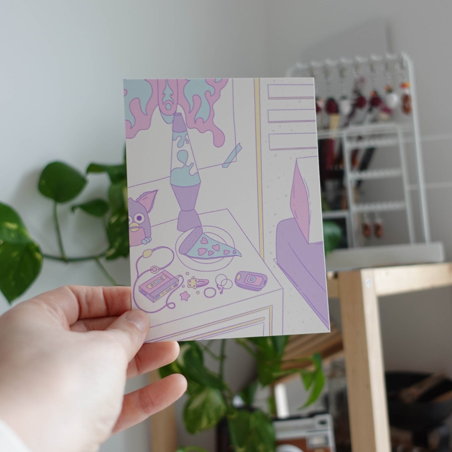 Postcard-sized print featuring a nostalgic 90s-inspired design in pastel colors, perfect for adding retro charm to any space.