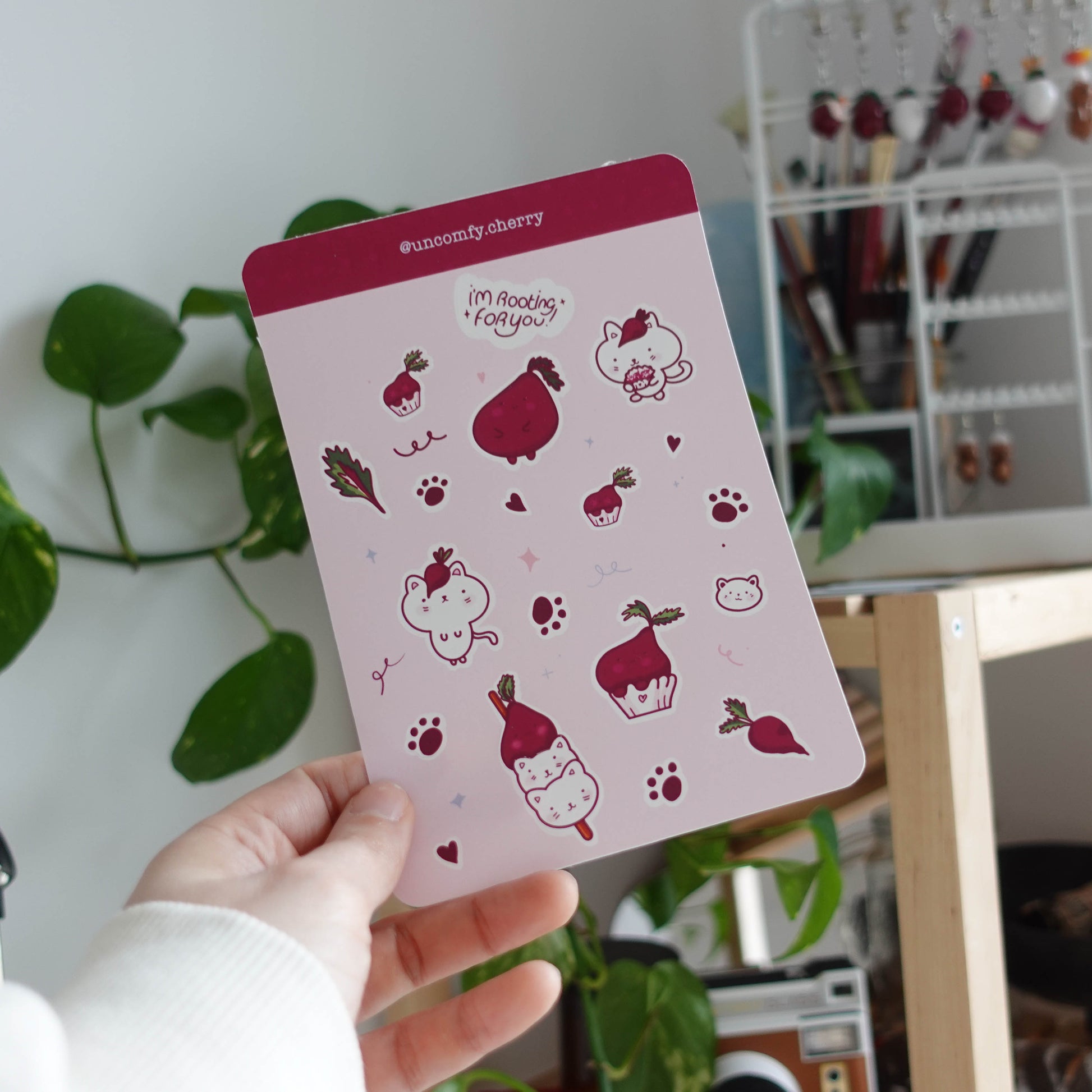 Colorful Beetroot Sticker Sheet featuring a variety of charming designs including beets, cats, and beetroot cupcakes, perfect for decorating laptops, notebooks, and water bottles.