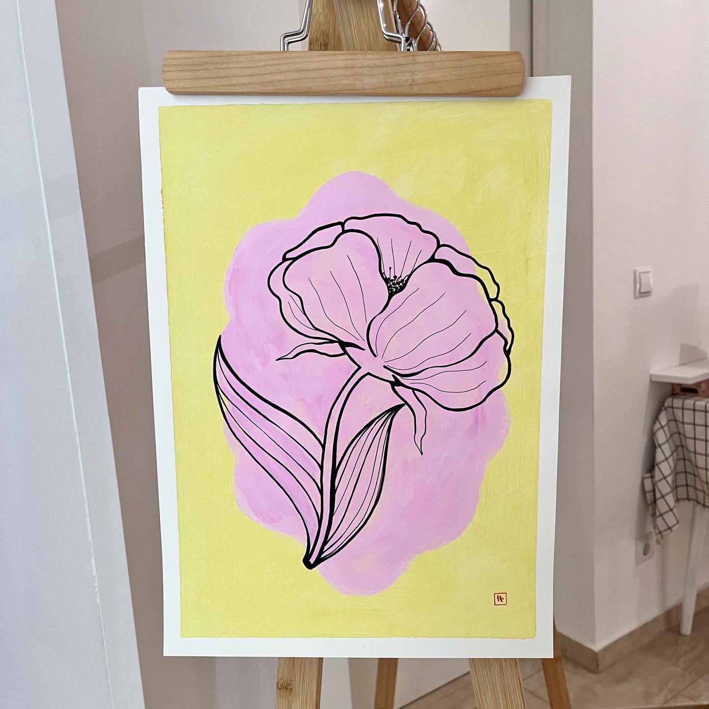 This is an original artwork; acrylic on paper featuring a flower in black on a pastel background.&nbsp;