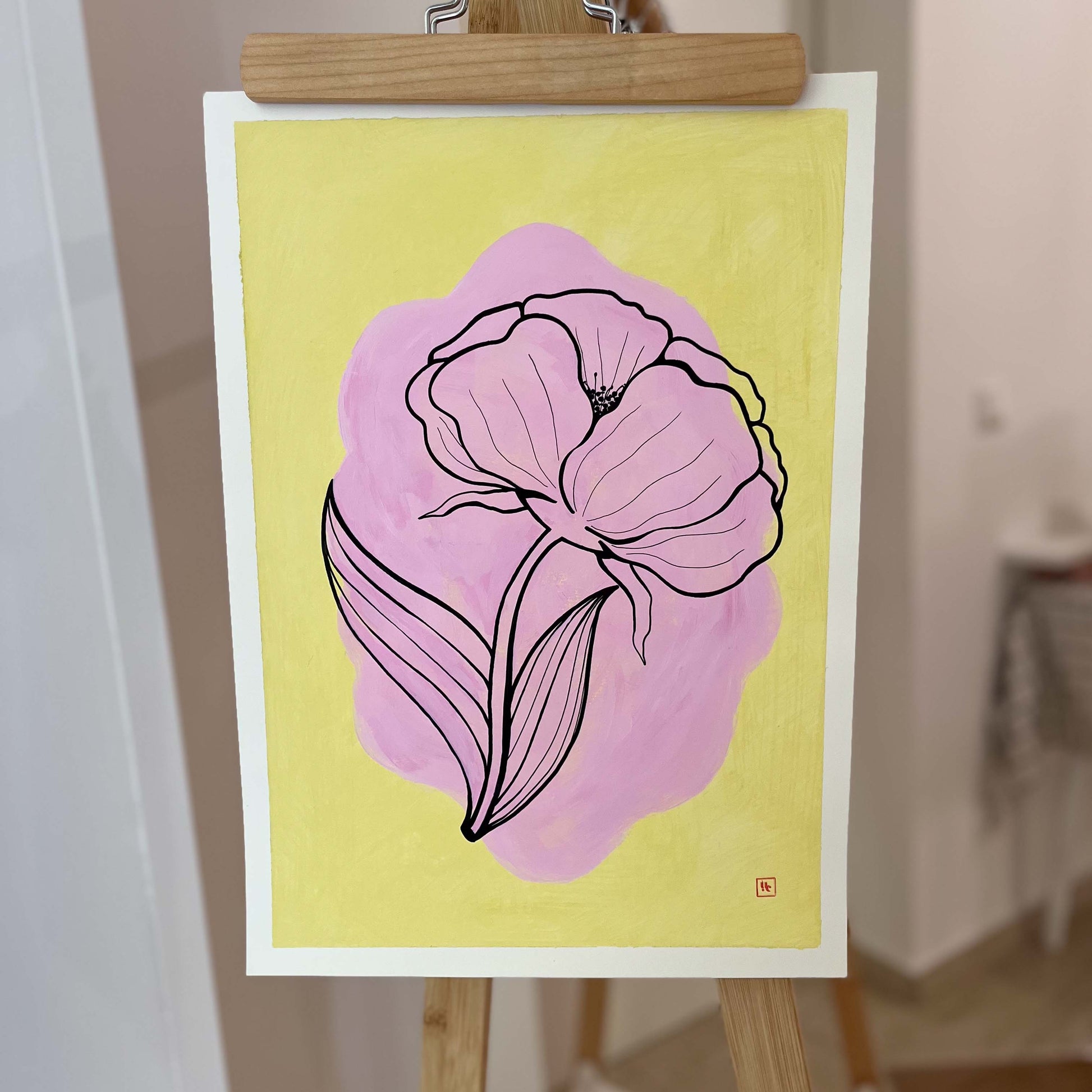 This is an original artwork; acrylic on paper featuring a flower in black on a pastel background.&nbsp;