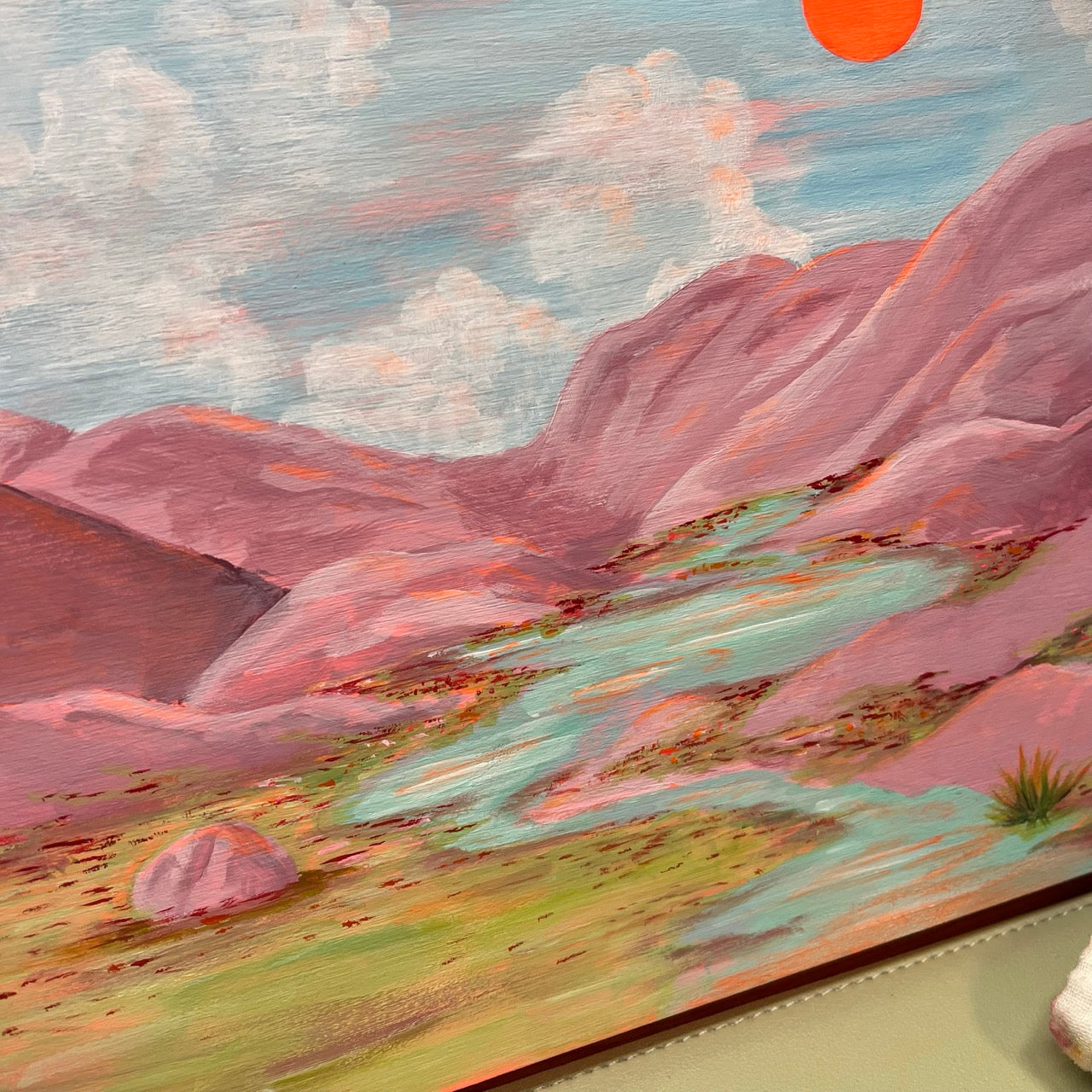 dystopianalps original painting acrylic on wooden canvas 25cm x 25cm closeup