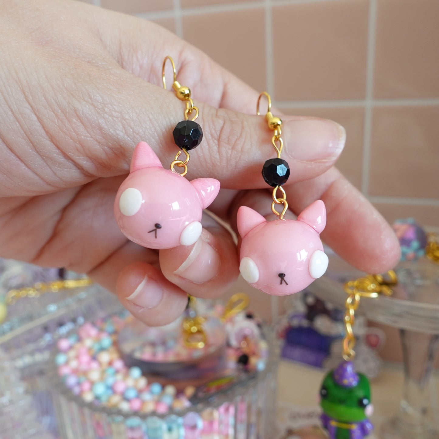 Pink Balloon Cat Earrings