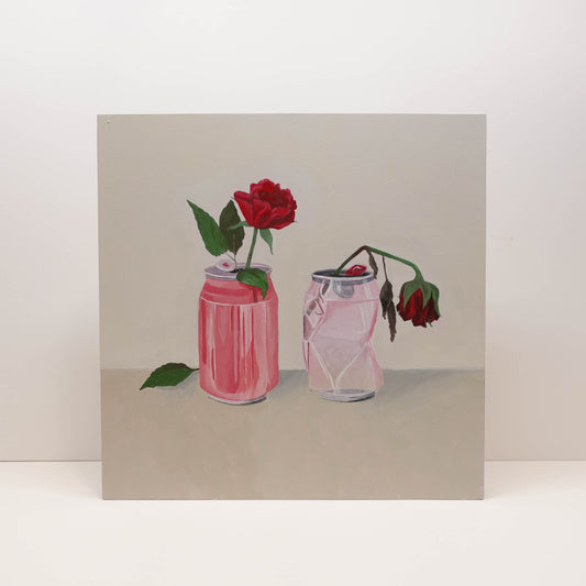 Acrylic painting of two roses in cans — one fresh in an upright can and one dried in a crushed can — exploring themes of love and change, 25 × 25 cm.