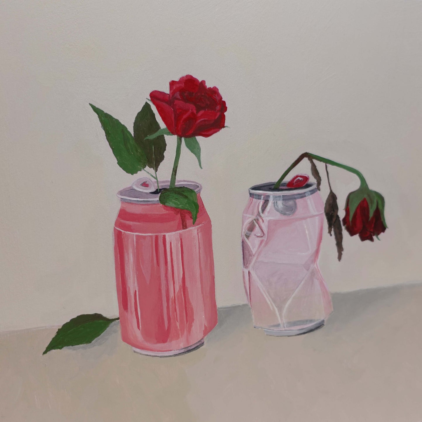 Symbolic artwork showing a living rose beside a withered rose, each placed in contrasting cans on a wooden canvas.