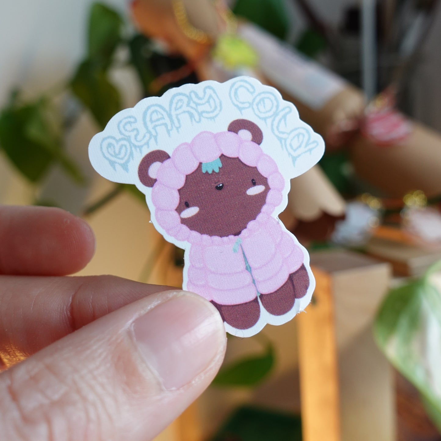 christmas bear sticker from matte weatherproof sticker paper saying beary cold