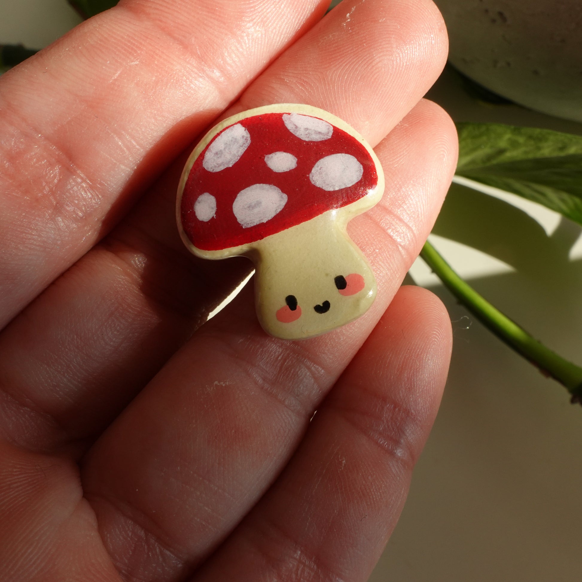 mushroom lucky charm magnets in dark red with dots. clay charm resined to make them durable. perfect new years gift or present for the holidays to any kawaii lover and mushroom lover