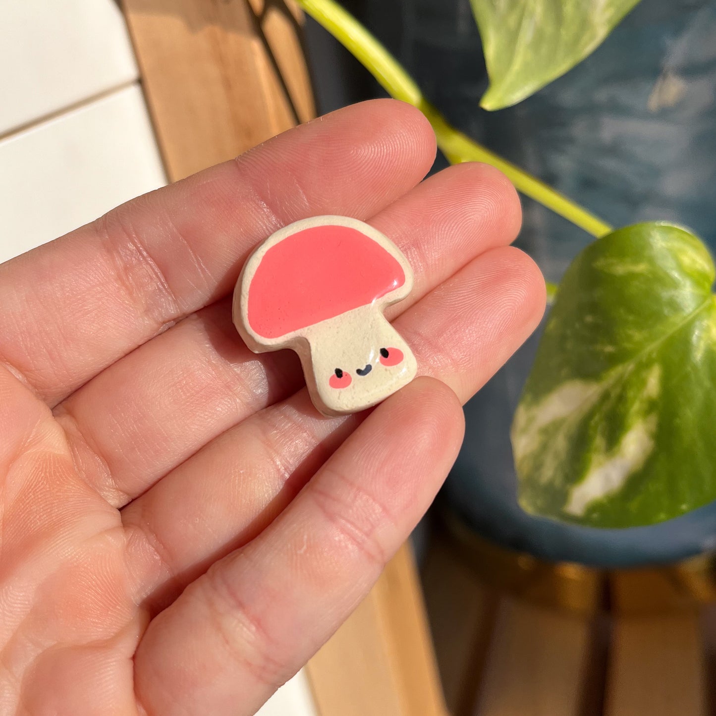 mushroom lucky charm magnets in pink. clay charm resined to make them durable. perfect new years gift or present for the holidays to any kawaii lover and mushroom lover