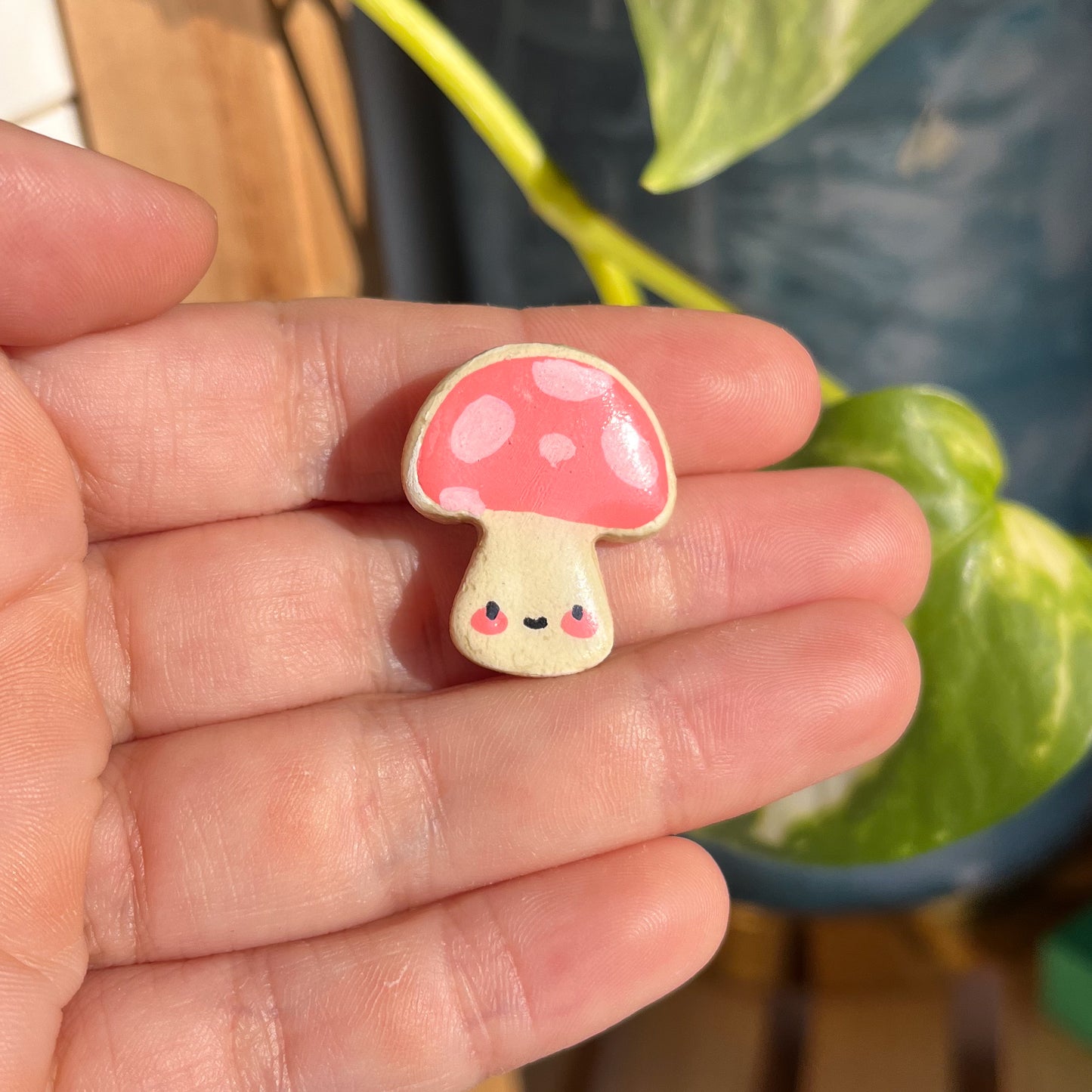 mushroom lucky charm magnets in pink with dots. clay charm resined to make them durable. perfect new years gift or present for the holidays to any kawaii lover and mushroom lover