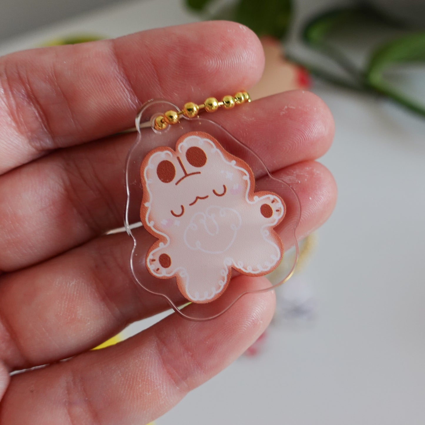 picture of one of the acrylic keychains which is a christmas cookie bunny in kawaii style