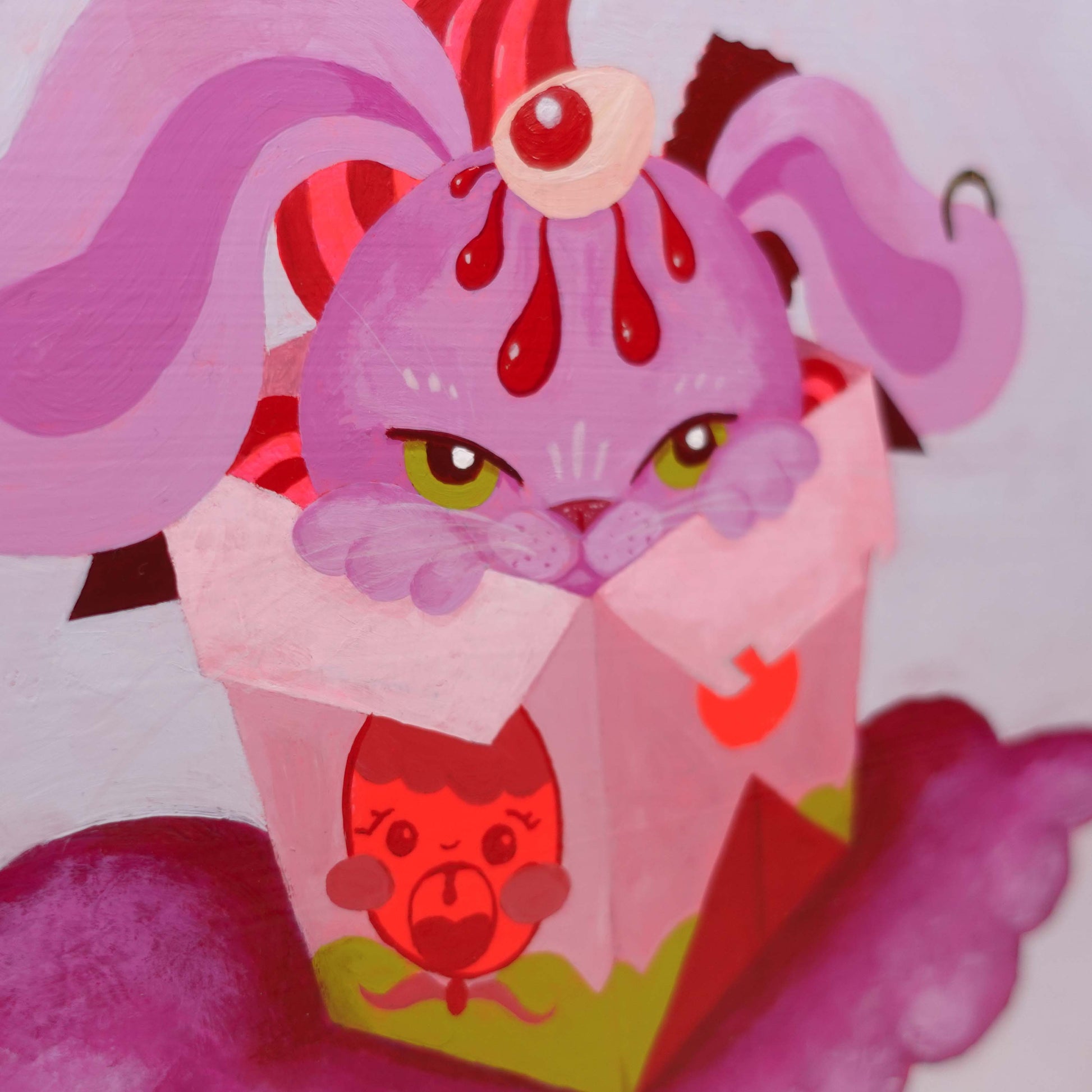 Hand-painted surreal bunny artwork sitting in takeaway box with egg detail on top of head on pink background
