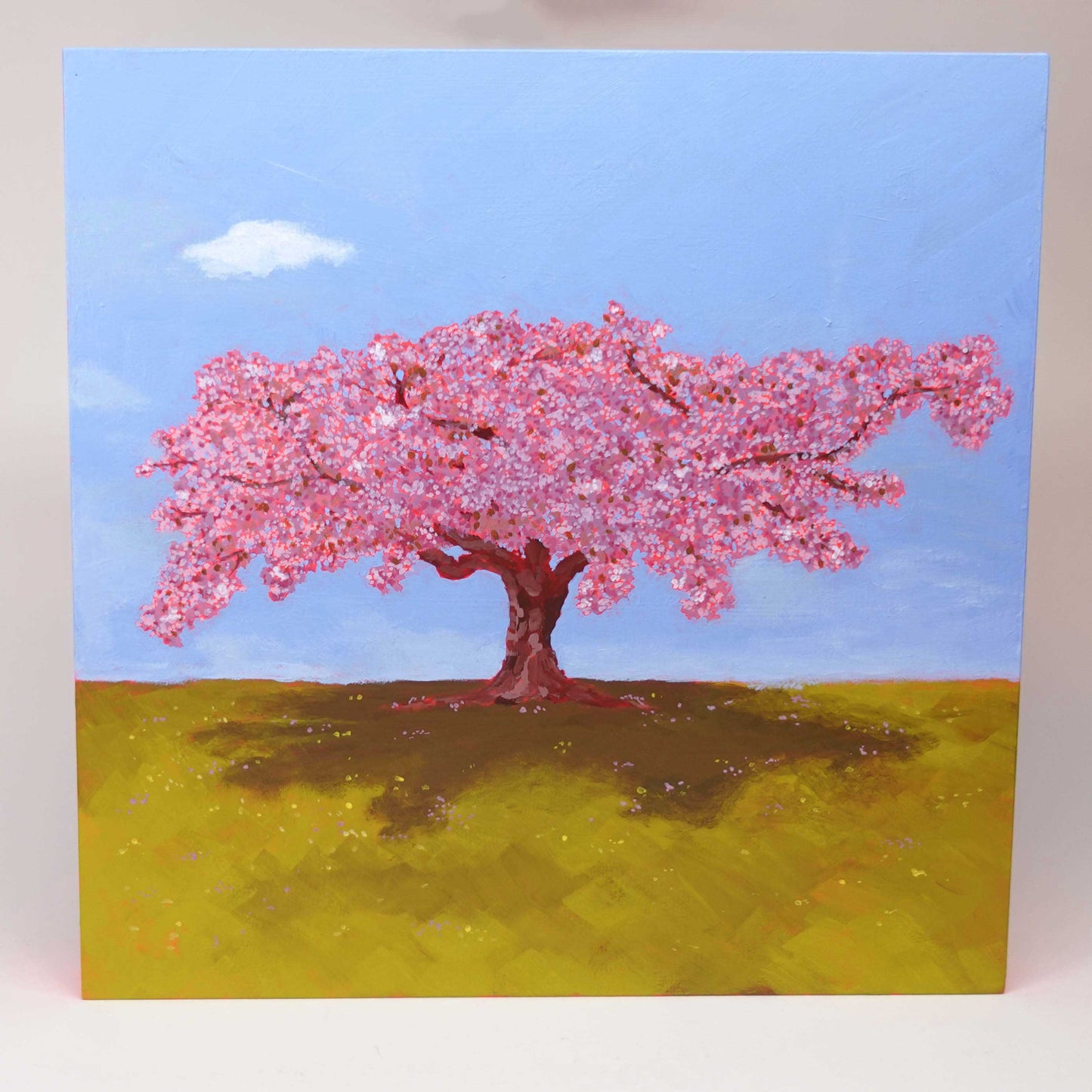 Original acrylic painting of blooming tree inspired by Rosarium Baden bei Wien on wooden canvas with Daruma detail