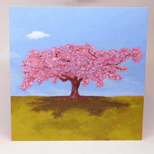 Original acrylic painting of blooming tree inspired by Rosarium Baden bei Wien on wooden canvas with Daruma detail