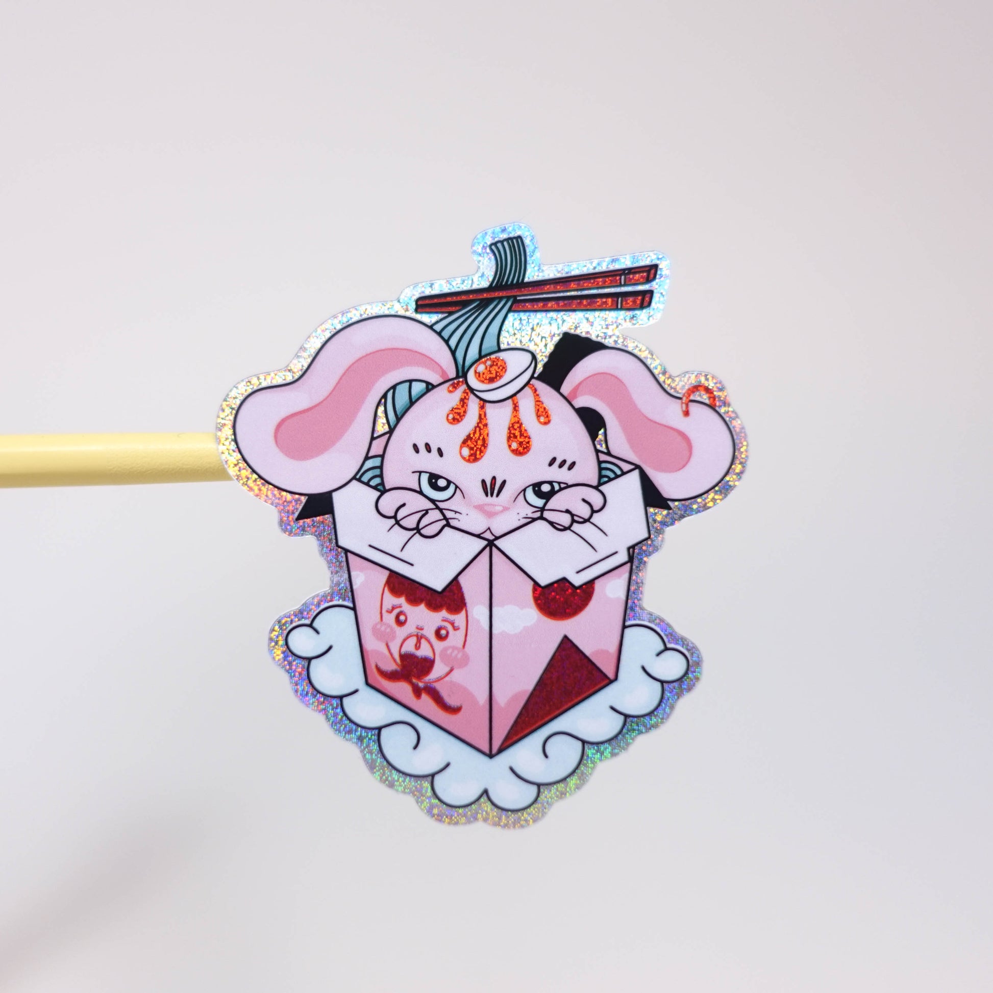 Glitter holographic bunny sticker inside take away box with rainbow shine