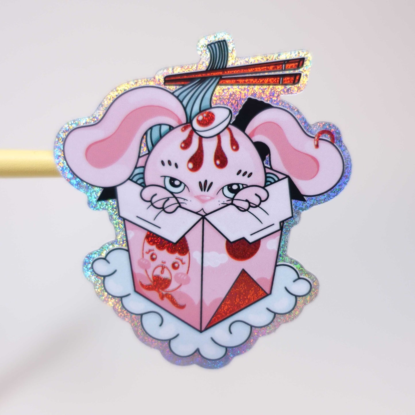 Cute holo vinyl sticker of bunny in take away container with sparkly finish