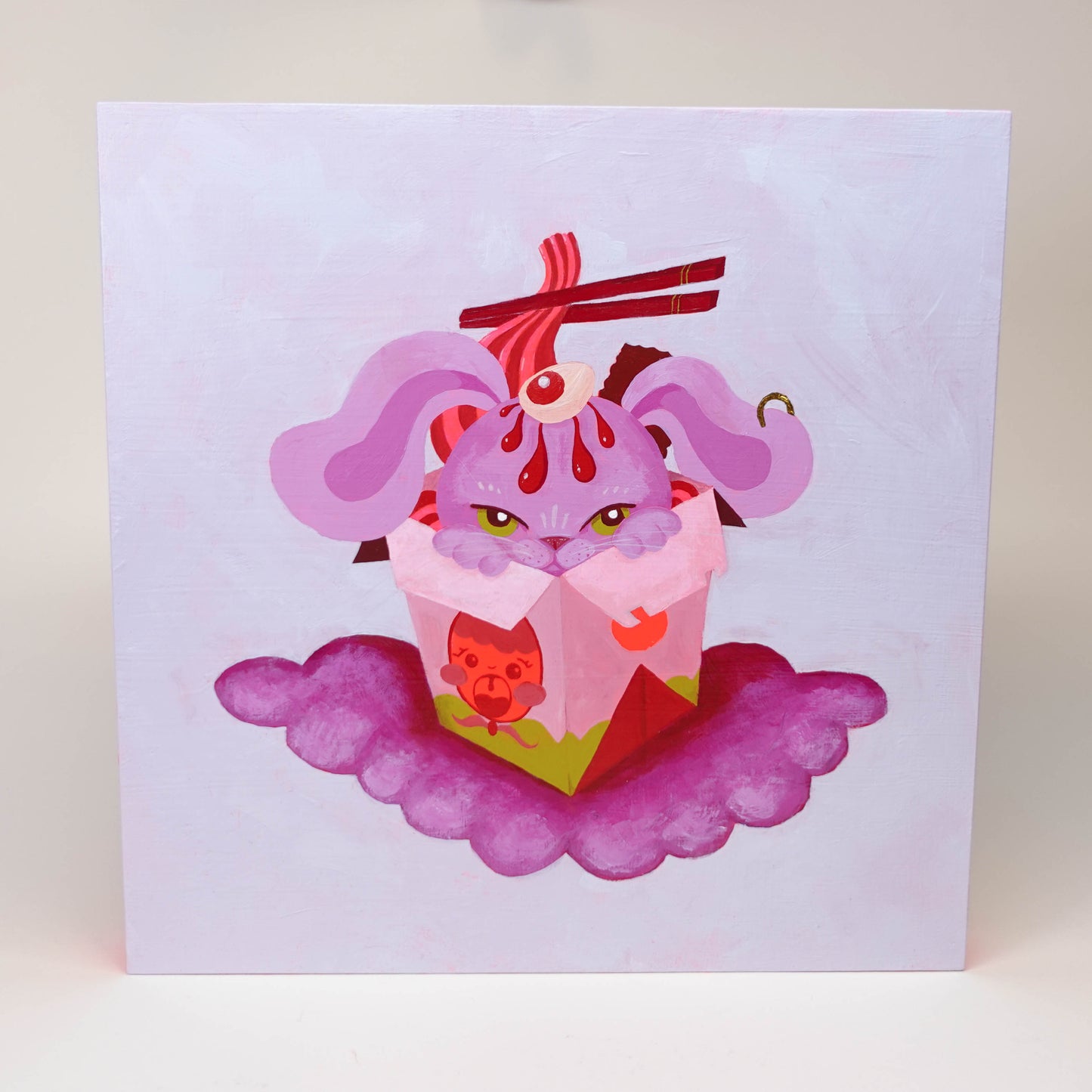 Original acrylic painting of bunny in takeaway box with 6-minute egg on head on pink wooden canvas
