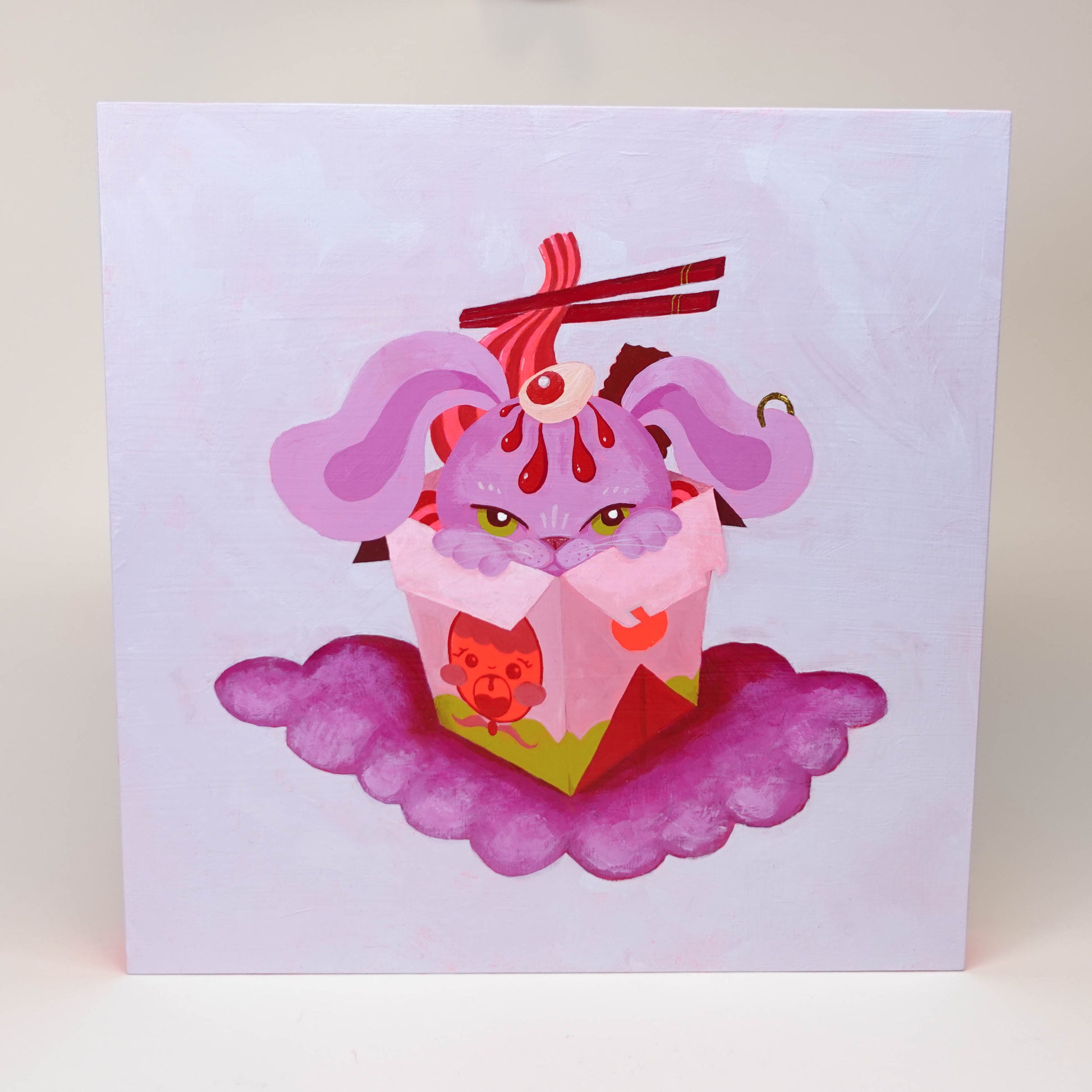 Original acrylic painting of bunny in takeaway box with 6-minute egg on head on pink wooden canvas