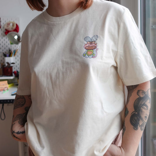 Front view of the Fluff Club  t-shirt in natural raw color, featuring a original design by uncomfy cherry from the devil hearts sticker pack