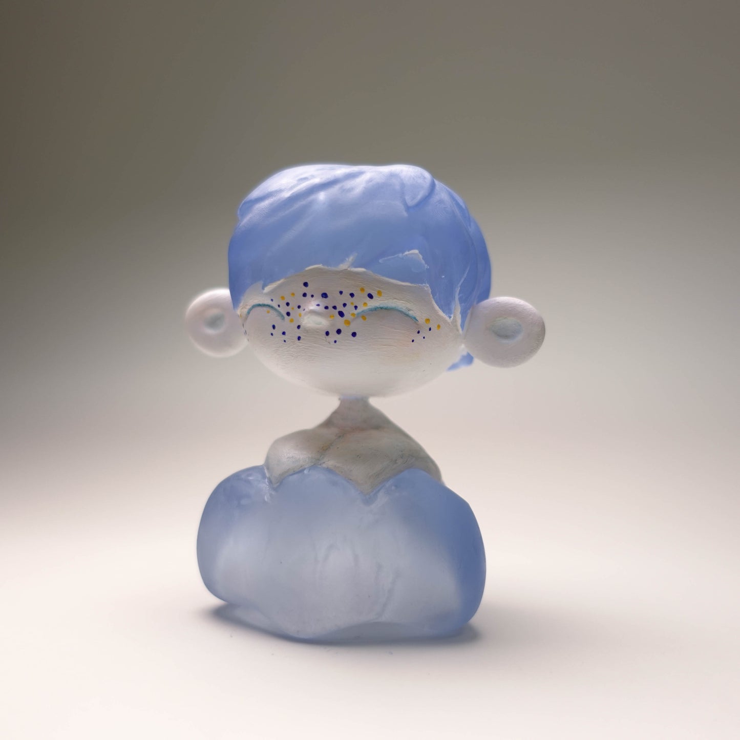 Hand-painted Cloud Chaser sculpture with pale body and transparent blue resin hair resembling a cloud, 3D printed unique collectible resin figure, matte finish, one-of-a-kind.