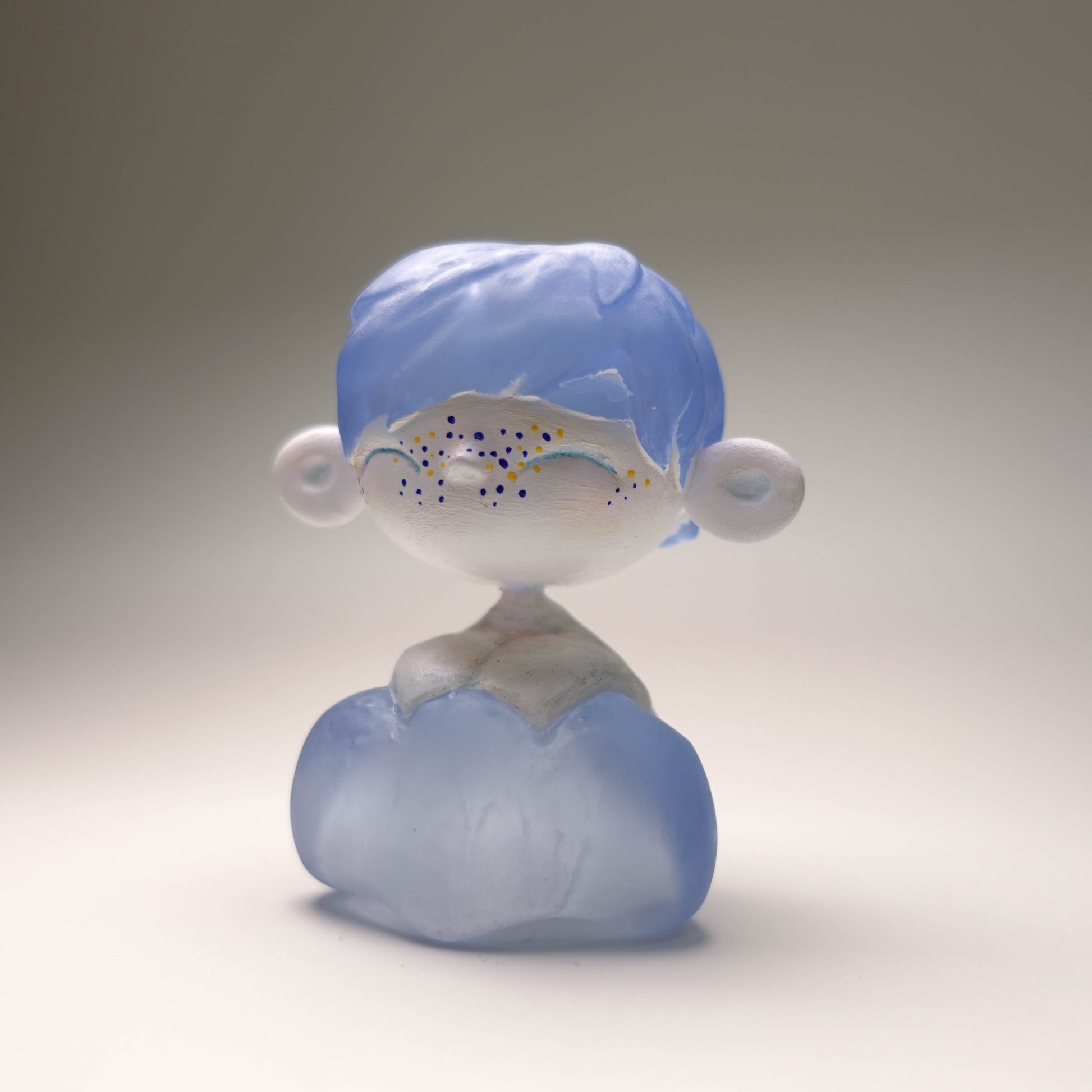 Hand-painted Cloud Chaser sculpture with pale body and transparent blue resin hair resembling a cloud, 3D printed unique collectible resin figure, matte finish, one-of-a-kind.