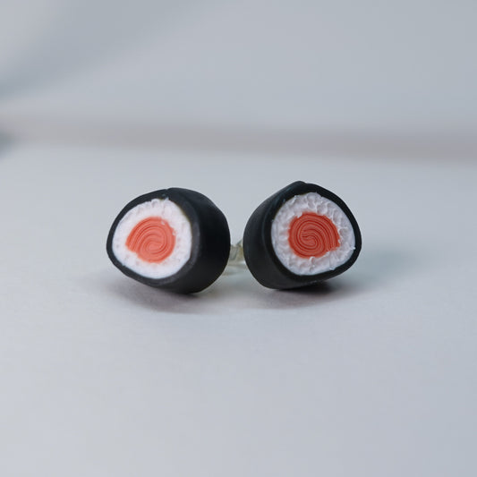 Handmade fish-shaped soy bottle earrings with matching salmon maki roll stud earrings, pastel sushi-themed set, limited edition, 4 sets available, playful accessory for daily wear.
