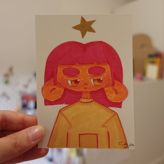 Original ACEO painting featuring a cute original character face, hand illustrated with professional markers and coloured pencils on high-quality artist paper.