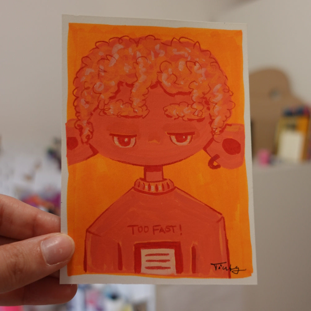 Original ACEO painting featuring a cute original character face, hand illustrated with professional markers and coloured pencils on high-quality artist paper.
