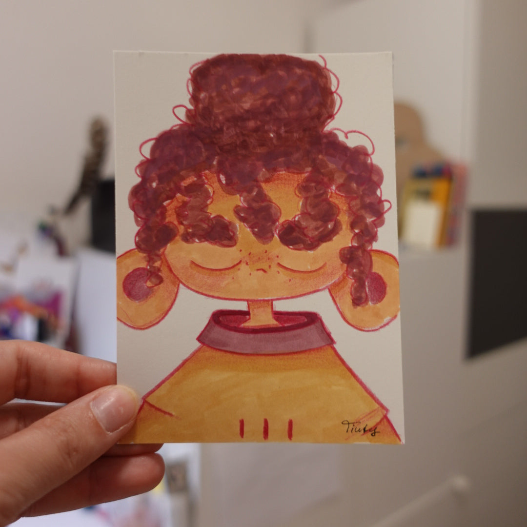 Original ACEO painting featuring a cute original character face, hand illustrated with professional markers and coloured pencils on high-quality artist paper.