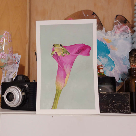 Original handmade Frog in a Flower painting. One-of-a-kind whimsical artwork celebrating summer and nature.