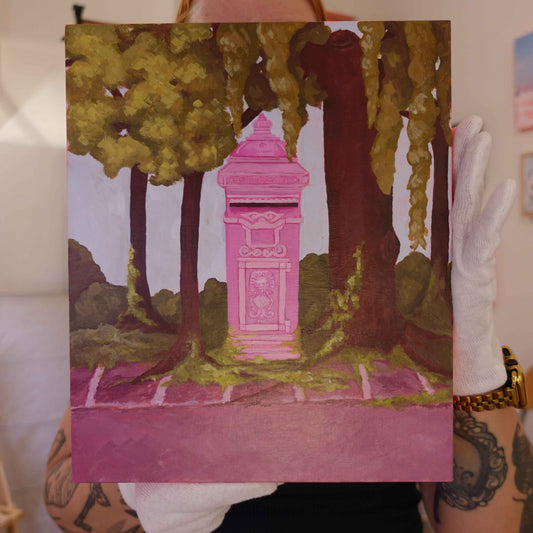 Original painting on wooden canvas featuring a charming pink postbox.