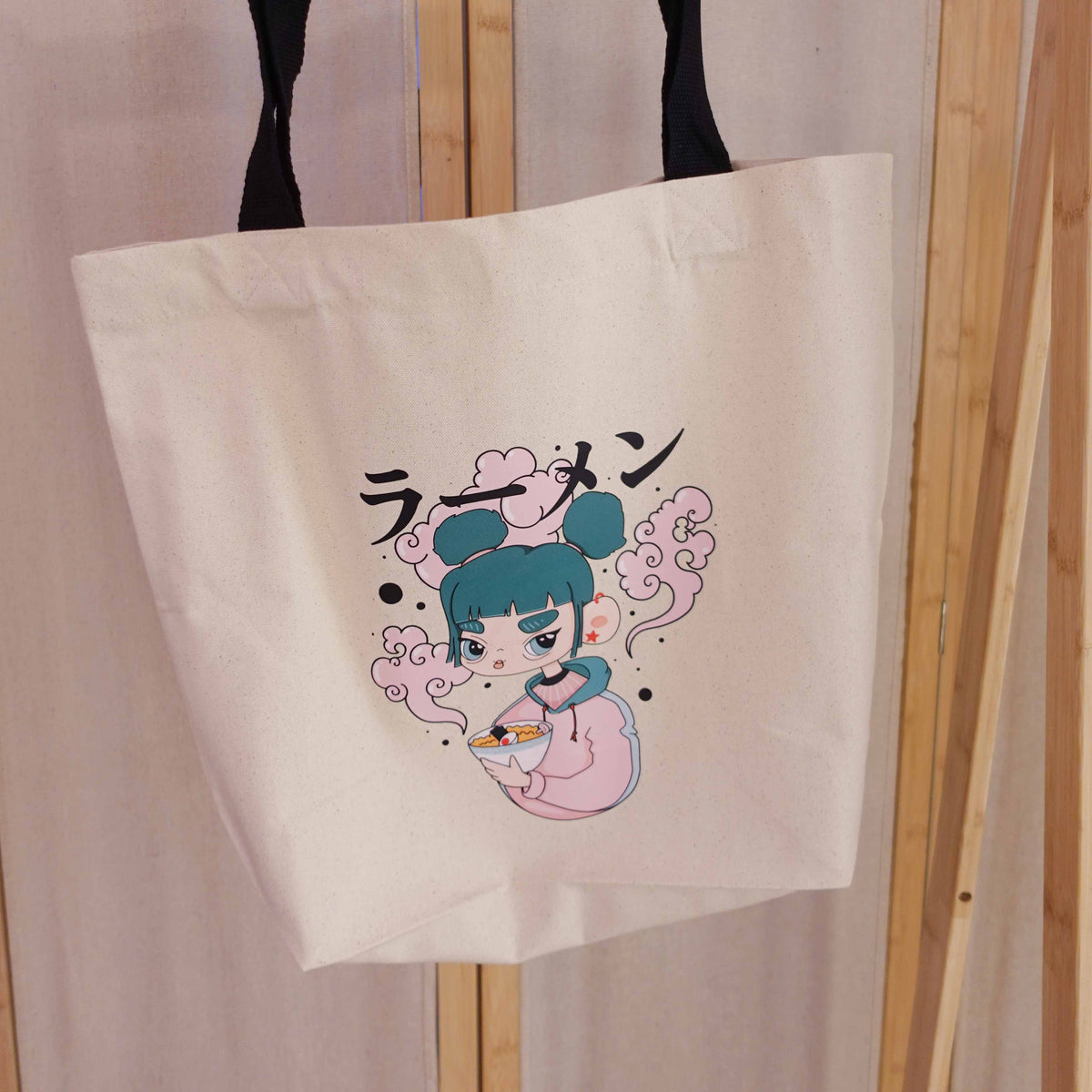 Cotton canvas shopper bag featuring the original Ramen Girl illustration. A reusable tote for everyday adventures.
