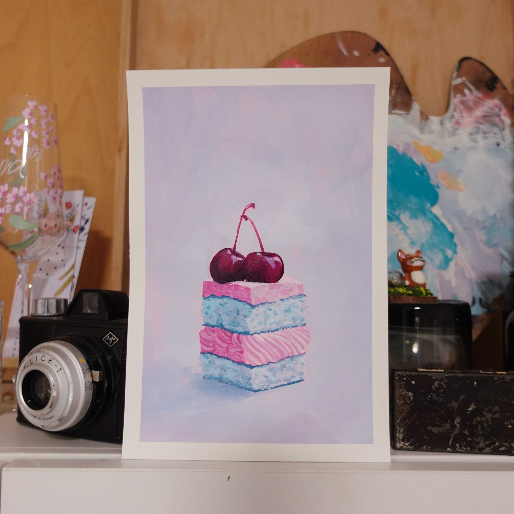 Original painting featuring a whimsical cherry-inspired summer illustration.