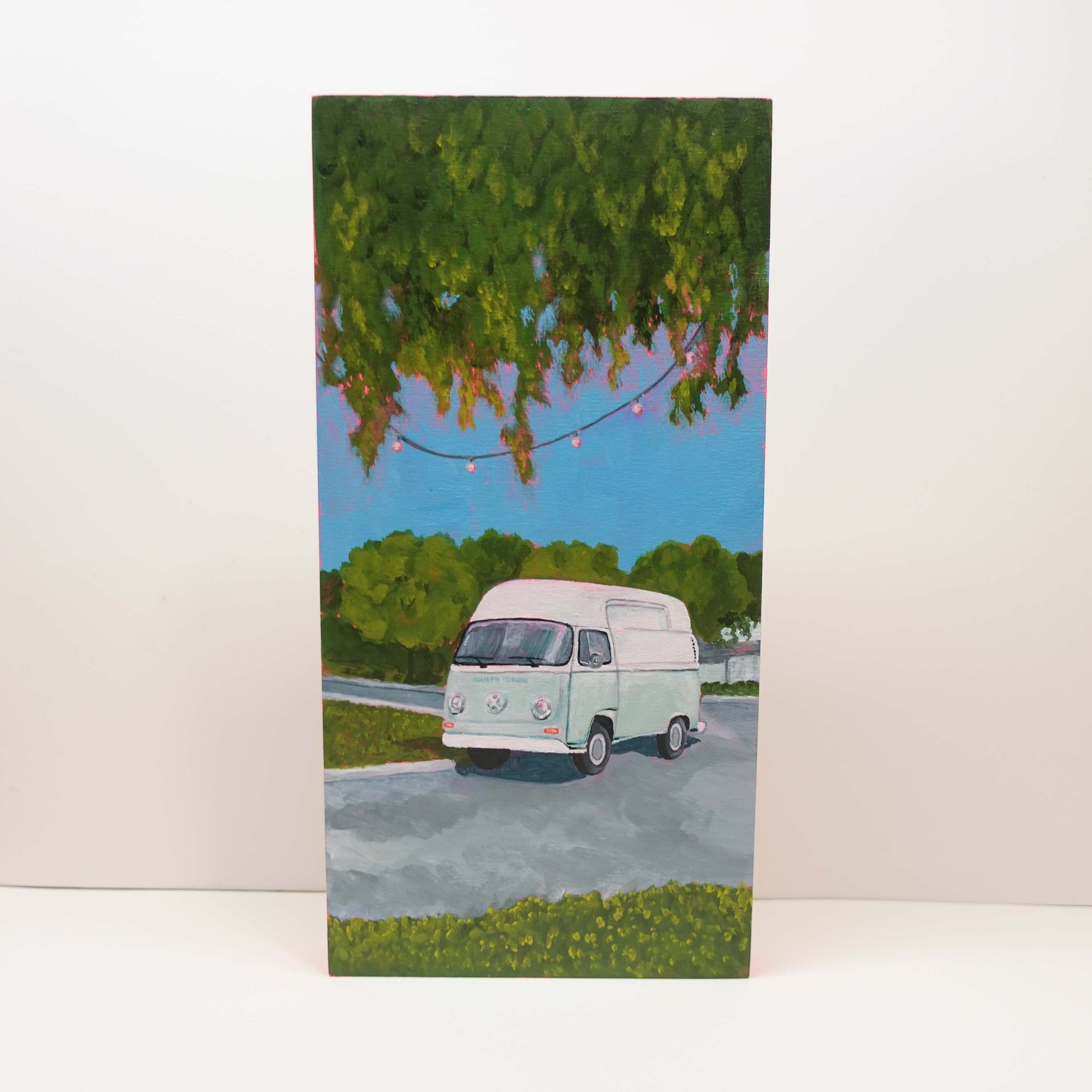 vw bulli on wooden canvas acrylic painting uncomfy cherry