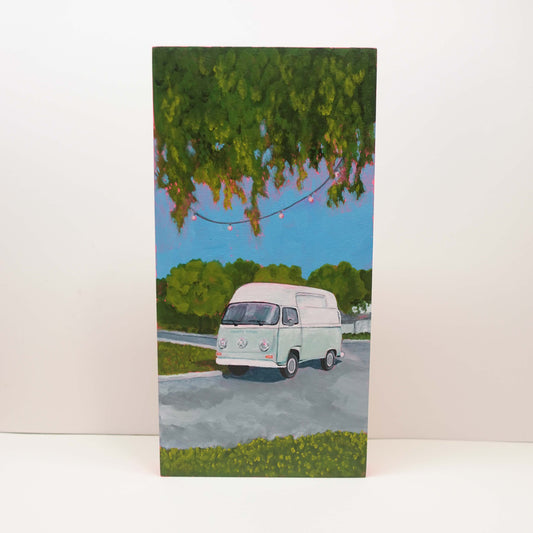 vw bulli on wooden canvas acrylic painting uncomfy cherry
