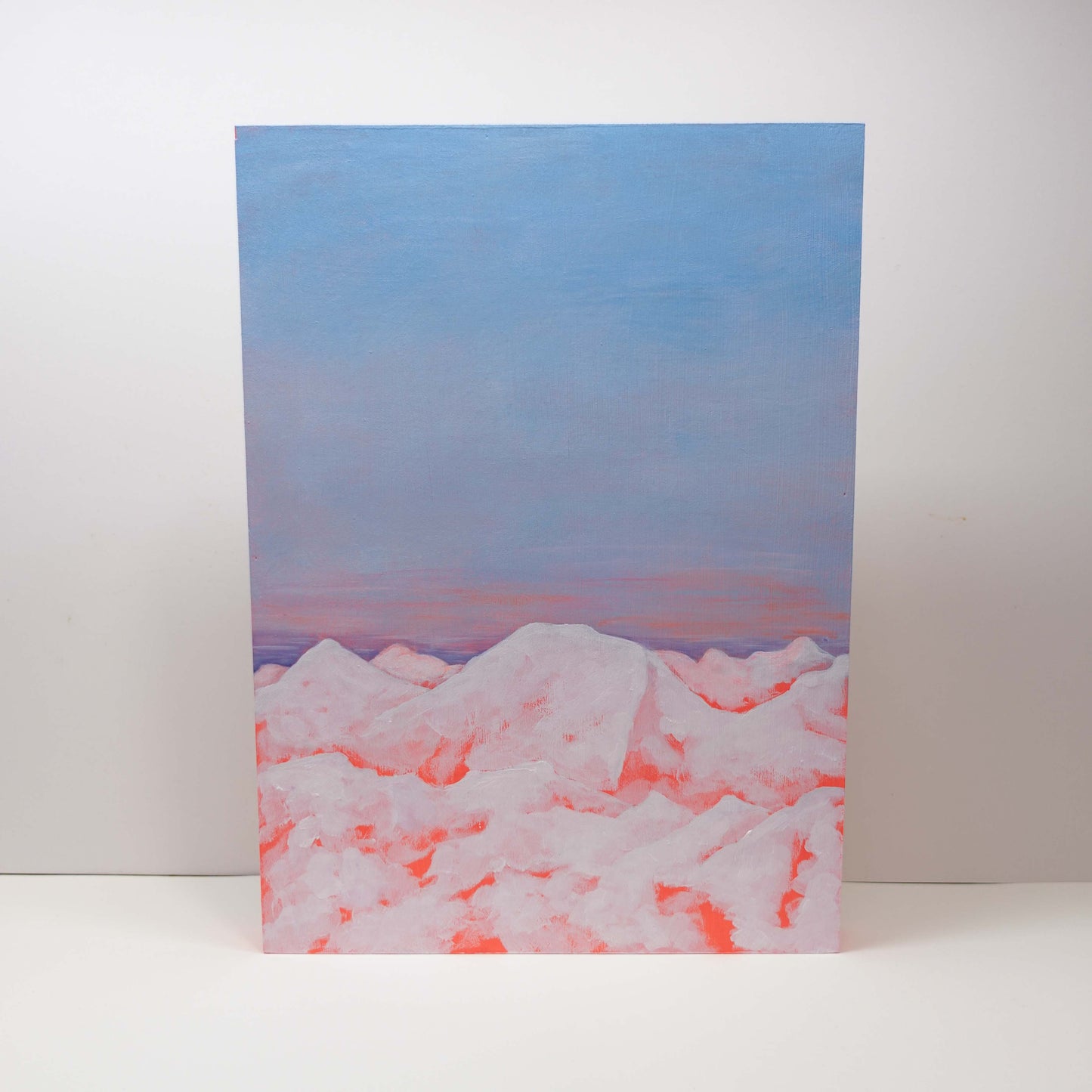 Dystopian winter landscape painting of the Alps, snowy mountains under a muted sky, 30×40 cm artwork on wooden canvas.