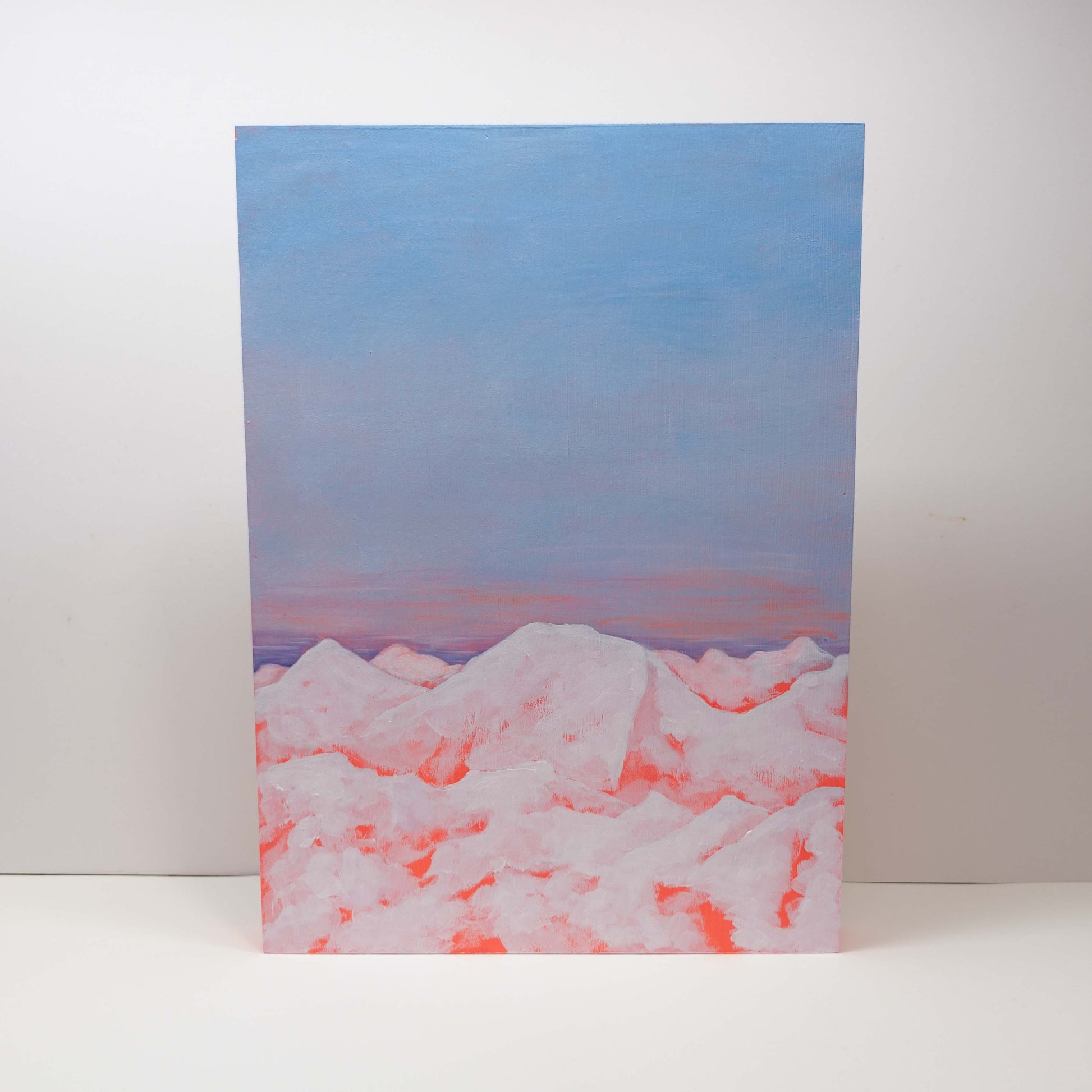 Dystopian winter landscape painting of the Alps, snowy mountains under a muted sky, 30×40 cm artwork on wooden canvas.