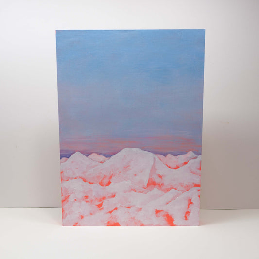 Dystopian winter landscape painting of the Alps, snowy mountains under a muted sky, 30×40 cm artwork on wooden canvas.