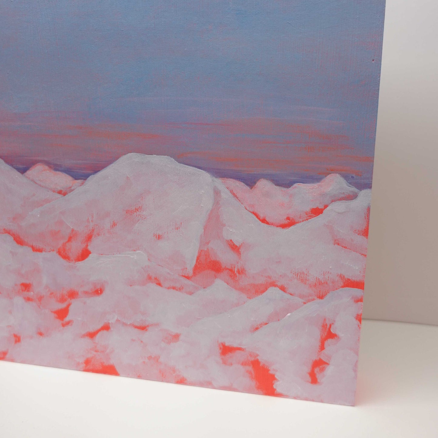 Moody alpine winter painting with snow-covered mountains in a dystopian style, rectangular wooden canvas artwork