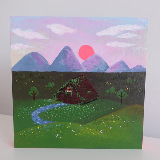 Original painting titled 'Cozy Cottage Ultimate Comfort' by Uncomfy Cherry, depicting a charming cottage surrounded by a lush forest with vibrant colors.