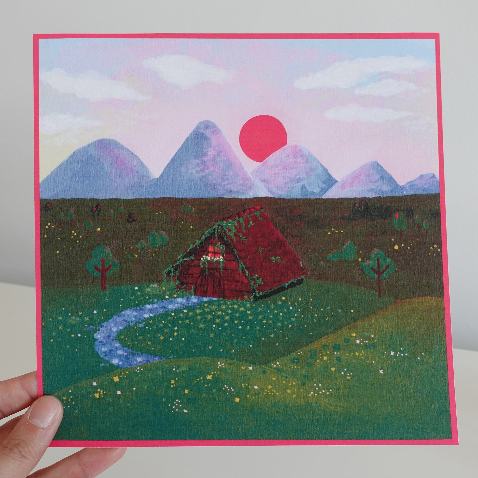 Detailed view of the vibrant colors and artistic reproduction in the 'Cozy Cottage Forest Scene' print, capturing the tranquil woodland essence.