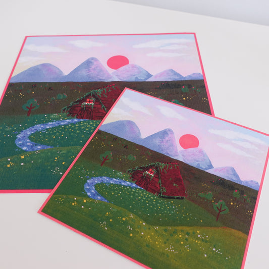 Print of 'Cozy Cottage Forest Scene' by Uncomfy Cherry, depicting a charming cottage surrounded by a lush forest with vibrant colors.